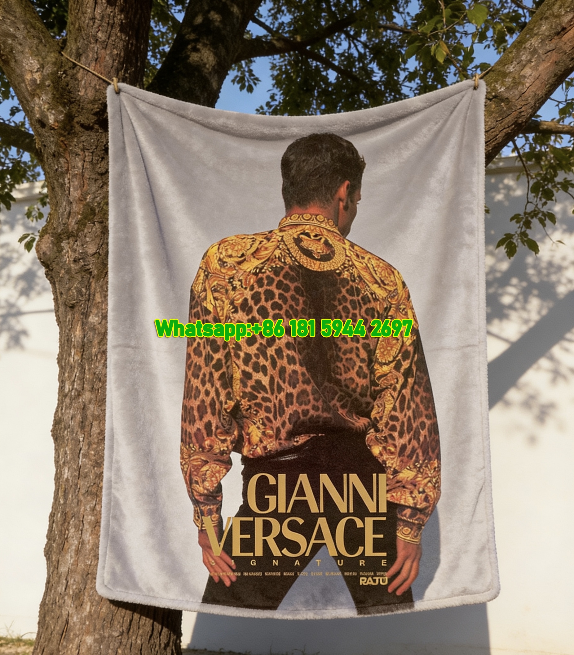 Gianni Versace Brown Gold Leopard Print Shirt Ad Flannel Sofa Throw Blanket IMG_1628